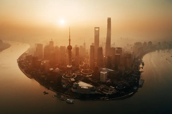 Shanghai City Sunrise Aerial View Pudong Business District Skyline China — Stock Photo, Image