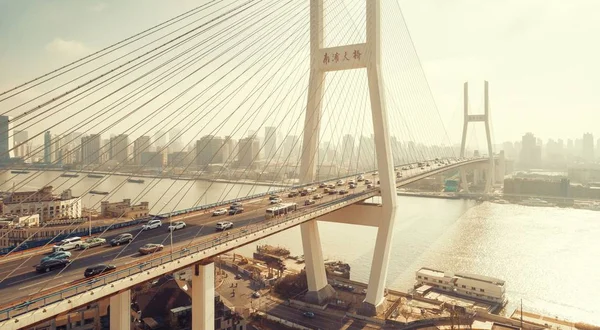 Shanghai Nanpu Pont Sur Rivière Huangpu Avec Trafic Achalandé Chine — Photo