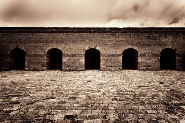 Passerelle Avec Structure Arc Forteresse Castell Montjuic Barcelone Espagne — Photo