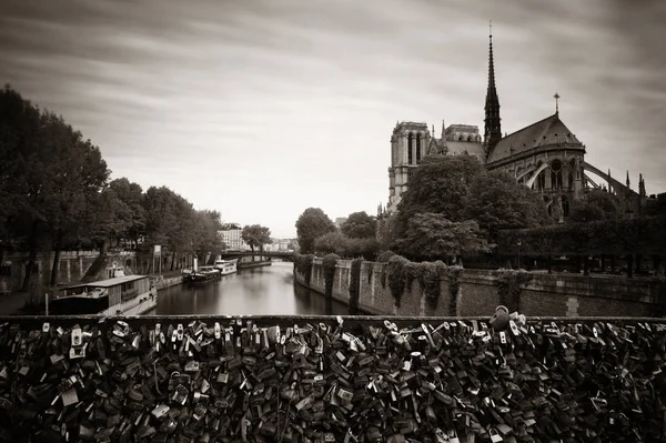 Sena Del Río París Con Catedral Notre Dame Candado Francia —  Fotos de Stock