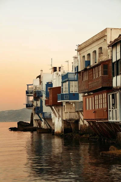 Pequena Veneza Arquitetura Grega Tradicional Pôr Sol Ilha Mykonos Grécia — Fotografia de Stock