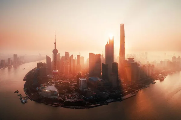 Shanghai Ville Lever Soleil Vue Aérienne Avec Quartier Affaires Pudong — Photo
