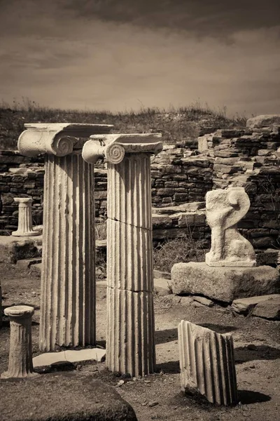 Pilaren Historische Ruïnes Delos Eiland Bij Mikonos Griekenland — Stockfoto