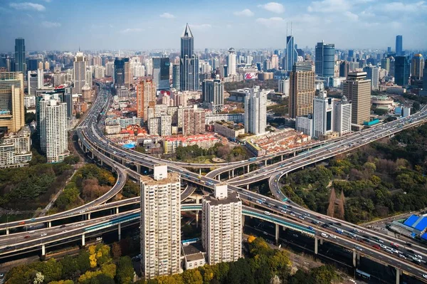 Shanghai Yanan Road Wiadukt Most Dużym Natężeniem Ruchu Chinach — Zdjęcie stockowe