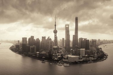 Shanghai Pudong iş bölgesi ile şehir havadan görünümü