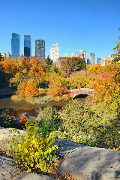 Manhattan Central Park with bridge rock and skyscraper in Autumn in New York City