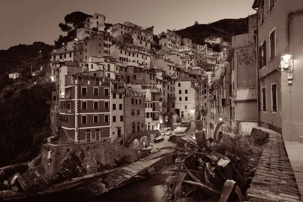 Riomaggiore набережная черно-белая ночь — стоковое фото