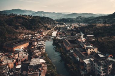 Tulou 'nun havadan görünüşü, Hakka' nın Fujian, Çin 'deki eşsiz evleri..