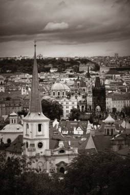Prag, Çek Cumhuriyeti 'ndeki tarihi binalarla çatısı manzaralı.