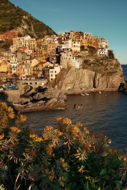 Manarola İtalya 'nın Cinque Terre kentindeki uçurumun üzerindeki binalarla Akdeniz' e tepeden bakıyor..
