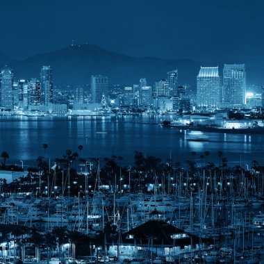 Harbor tekne ile gece San diego şehir manzarası.