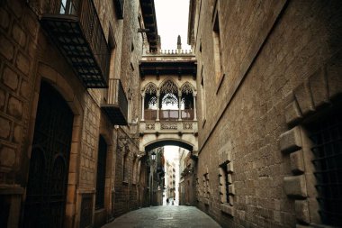 Pont del Bisbe ve Barcelona İspanya 'nın Gotik Mahallesi' nde dar bir sokak.