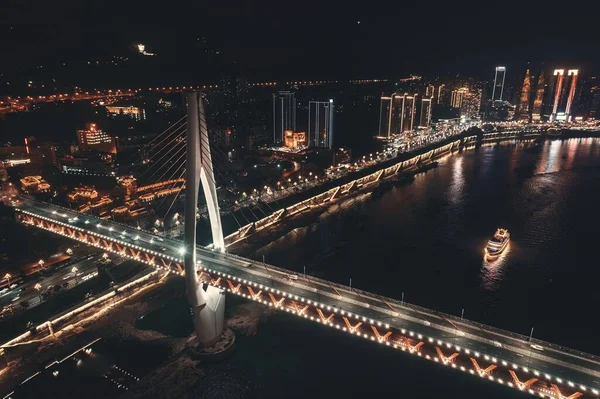 Luftaufnahme Der Brücke Und Der Städtischen Architektur Bei Nacht Chongqing — Stockfoto