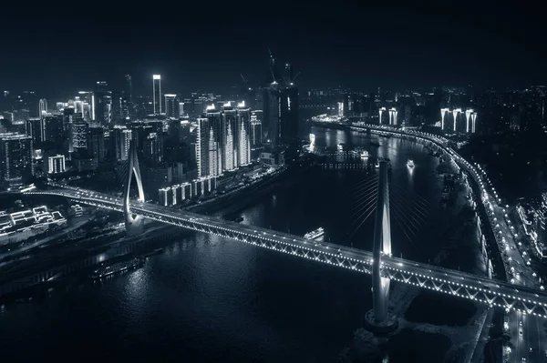 Vista Aérea Del Puente Arquitectura Urbana Ciudad Por Noche Chongqing — Foto de Stock
