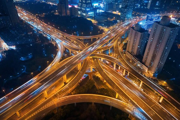 Shanghai Yanan Road overpass bridge at night with heavy traffic in China.