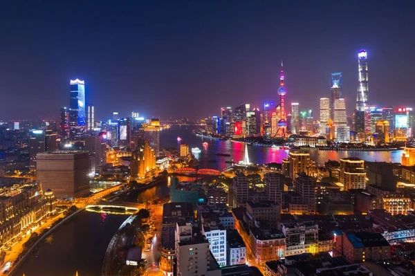 Şangay Pudong Hava Gece Görüşü Yukarıdan Şehrin Gökdelenleri Çin Gökdelenleri — Stok fotoğraf
