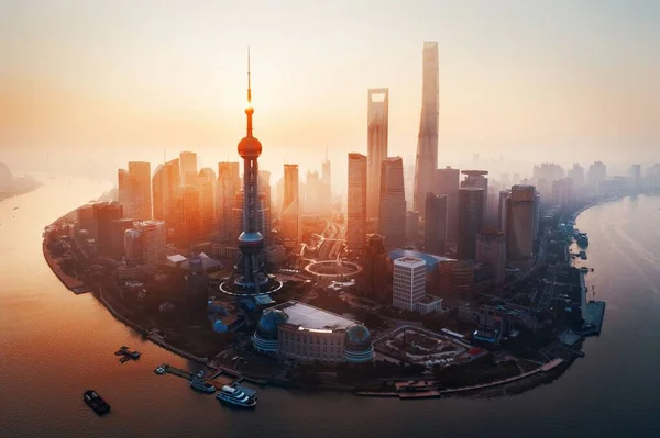 Shanghai Stad Soluppgång Antenn Utsikt Med Pudong Affärsdistrikt Och Skyline — Stockfoto