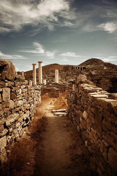 Pelare Historiska Ruiner Delos Nära Mikonos Grekland — Stockfoto