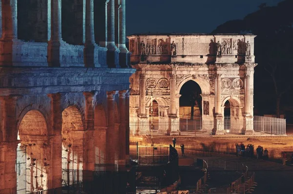 Konstantinbogen Und Kolosseum Bei Nacht Rom Italien — Stockfoto