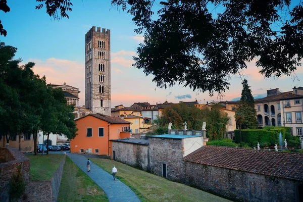 Basílica San Frediano Lucca Com Edifícios Históricos Entardecer Itália — Fotografia de Stock