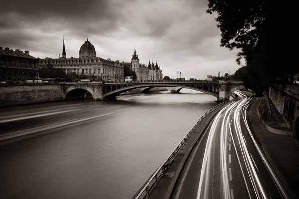 River Seine Bridge Traffic Light Trail — Stock Photo, Image