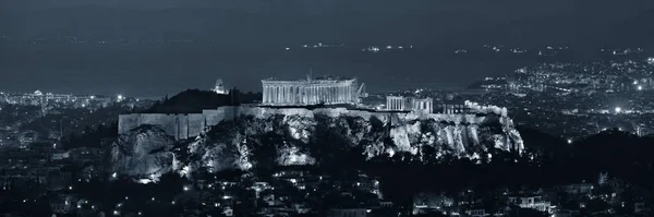 Akropolis Historiska Ruiner Natten Sedd Från Berget Grekland — Stockfoto