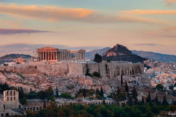 Athene Skyline Zonsopgang Gezien Vanaf Bergtop Griekenland — Stockfoto