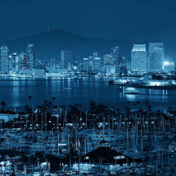San Diego Skyline Centro Noite Com Barco Porto — Fotografia de Stock