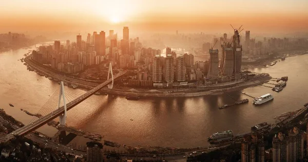 Architecture Urbaine Chongqing Panorama Ville Coucher Soleil Chine — Photo