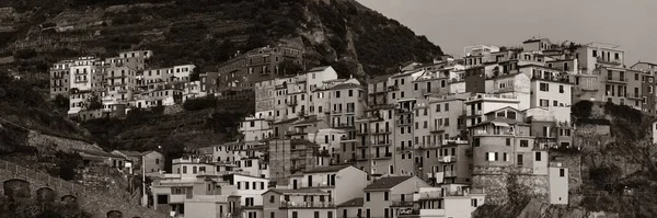 İtalya 'nın Cinque Terre kentindeki Manarola' daki uçurum panoramasının üzerinde İtalyan tarzı yerleşik binalar..