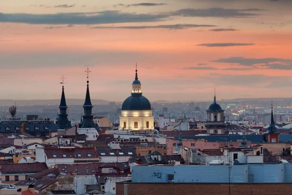 Madrids Takutsikt Över Stadens Skyline Vid Solnedgången Spanien — Stockfoto