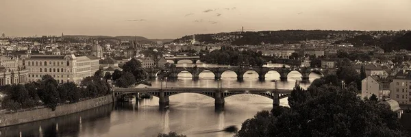 プラハのスカイラインとチェコ共和国のパノラマの川を渡る橋 — ストック写真