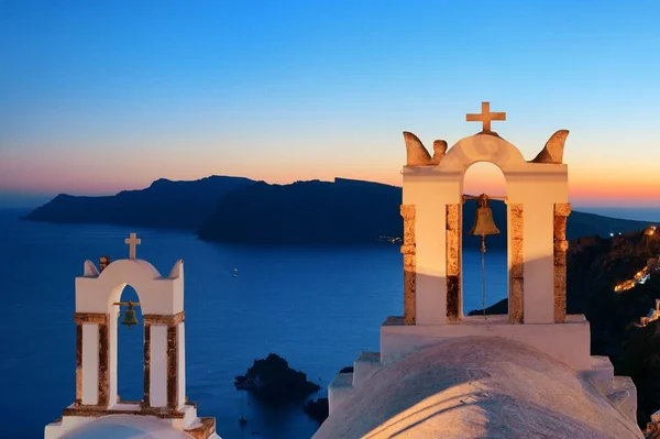 Santorini Skyline Por Noche Con Edificios Campanario Grecia —  Fotos de Stock