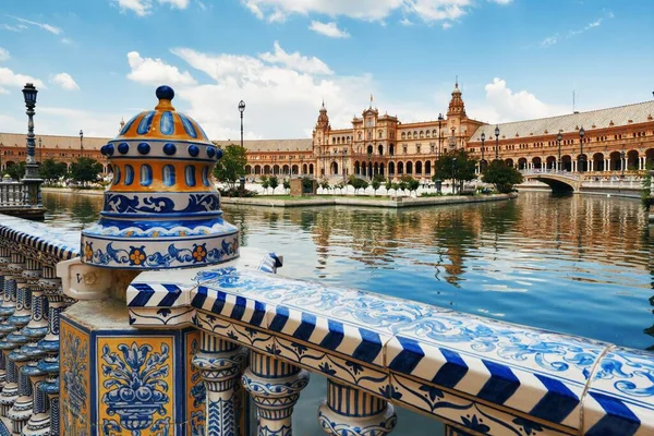 Plaza Espana Place Espagne Avec Reflet Eau Séville Espagne — Photo