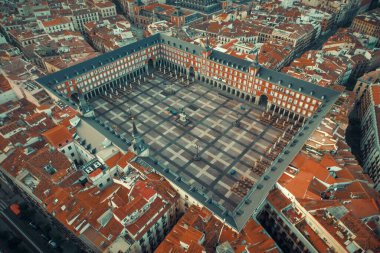 Madrid plaza Mayor aerial view with historical buildings in Spain. clipart