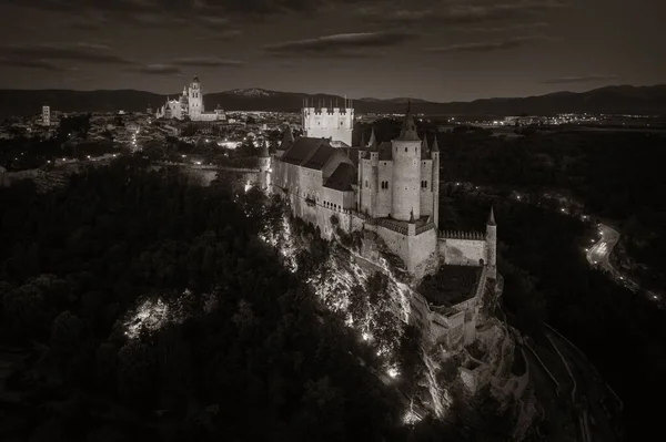 Alcazar Segovia Som Den Berömda Landmärke Antenn Utsikt Natten Spanien — Stockfoto