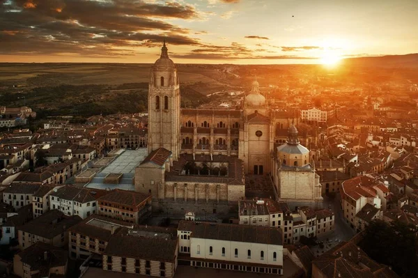 Letecký Pohled Katedrálu Segovia Při Východu Slunce Španělsku — Stock fotografie