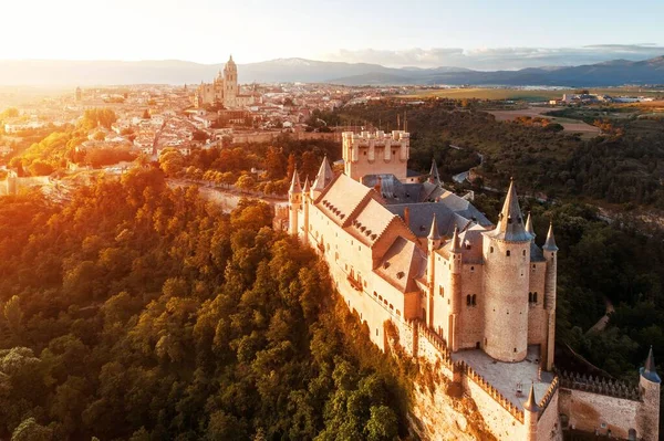 Alcazar Segovia Som Den Berömda Landmärke Antenn Utsikt Vid Solnedgången — Stockfoto