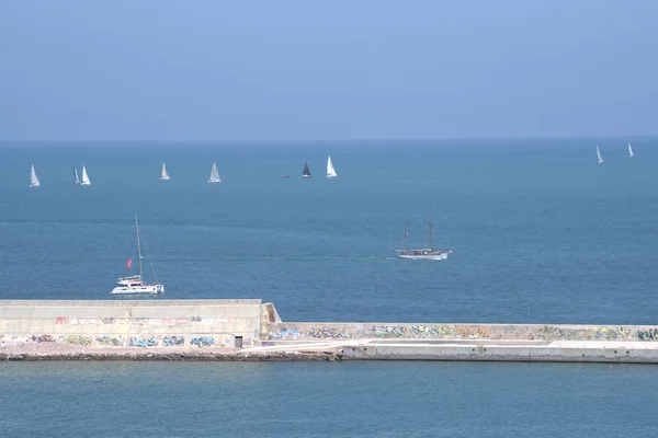 Sail Boat Mediterranean Sea Out Side Breakwater — Stock Photo, Image