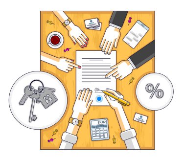 Sözleşme kağıt belge imzalama işadamı üstten görünüm.