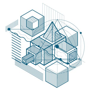 Küpleri, altıgenler, kareler, dikdörtgenler soyut geometrik bileşimi