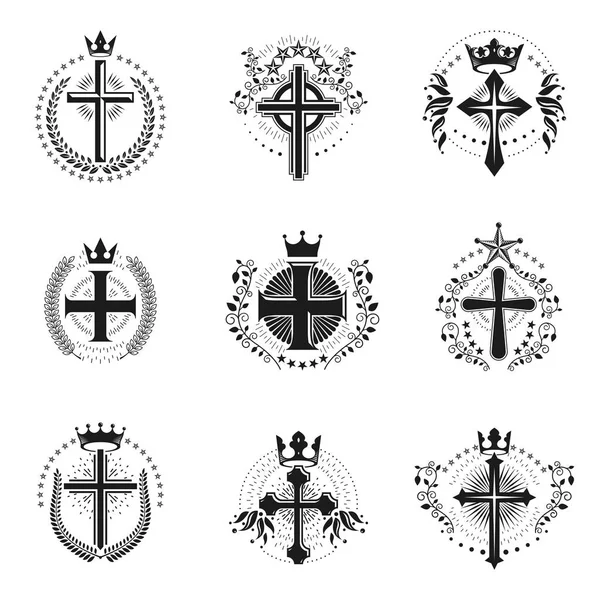 Set Religious Crosses Emblems Set Vintage Style — Stock Vector