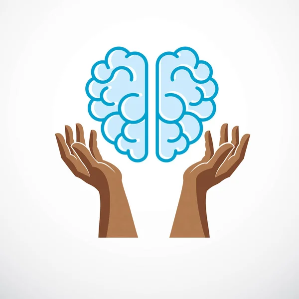 Cervello Anatomico Umano Con Tenera Difesa Delle Mani Cura — Vettoriale Stock