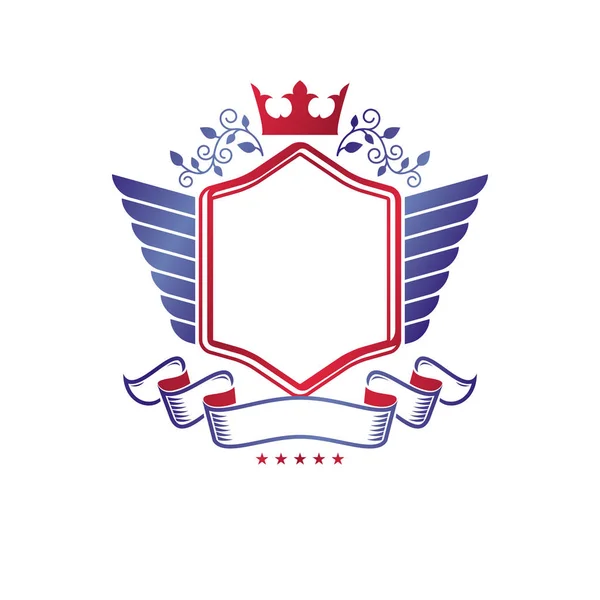 Grafisches Emblem Mit Königlichem Kronenelement Flügeln Und Elegantem Band — Stockvektor