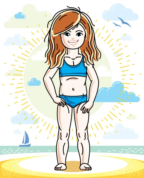 Kleines Rothaariges Mädchen Bikini Strand — Stockvektor