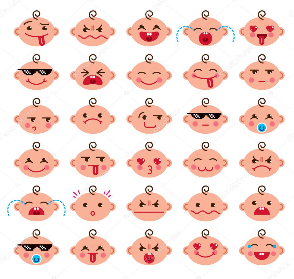 Set of baby cartoons with different emoji