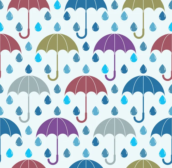 Falling Rain Drops Umbrellas Seamless Pattern — Stock Vector