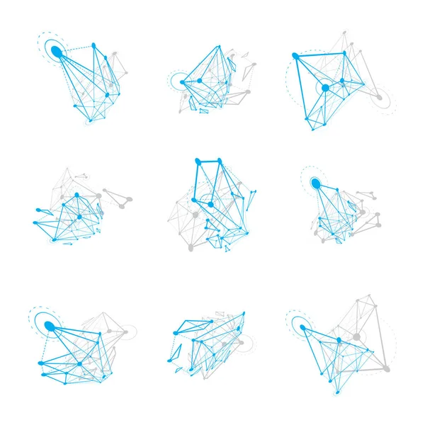 Uppsättning Digitala Polygonal Wireframe Objekt Vit Bakgrund — Stock vektor