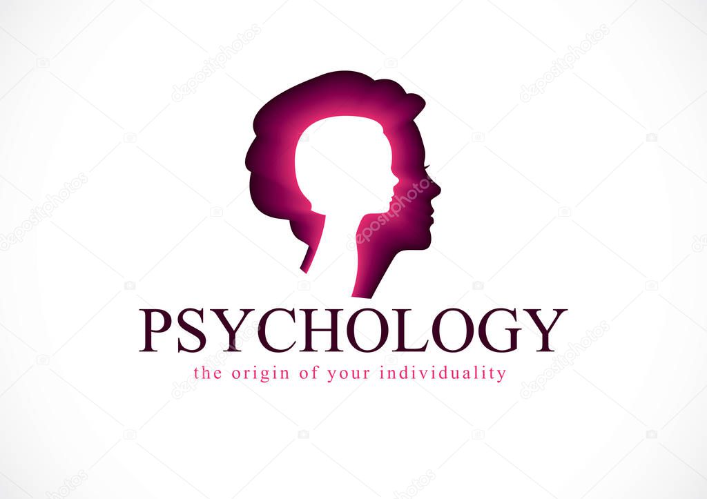 Psychology logo created with woman head profile and little child girl inside