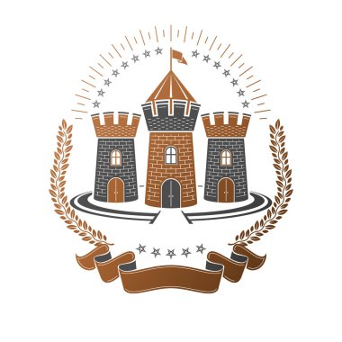 Antik Kale amblemi. Heraldic Coat of Arms, klasik vektör logosu. İzole edilmiş beyaz arka planda eski tarzda antika logolar.